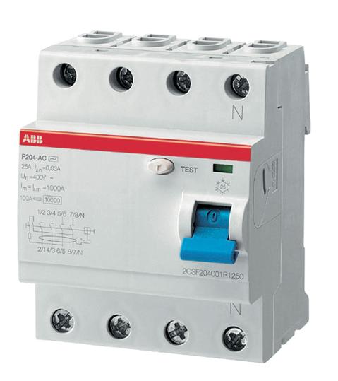ABB Wyłącznik różnicowo-prądowy serii STANDARD F204-AC-25/0,03 typ AC, I=25A, In=30mA, 4-polowy 2CSF204001R1250