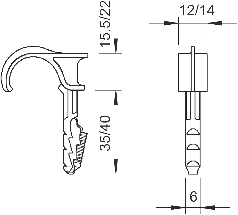OBO Hak pojedyńczy 1974 22-30, wtykany, bezhalogenowy, wymiar zacisku: 22-30mm, otwór montażowy: Ø6mm, 40mm